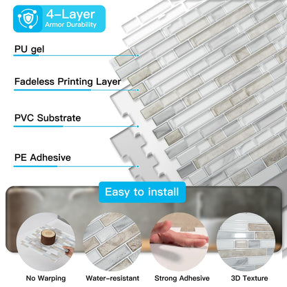 Art3d 10-Sheet Heavy-Duty Peel and Stick Backsplash, Waterproof Wall Tiles Stick on Kitchen Backsplash Living Space, Beige & White