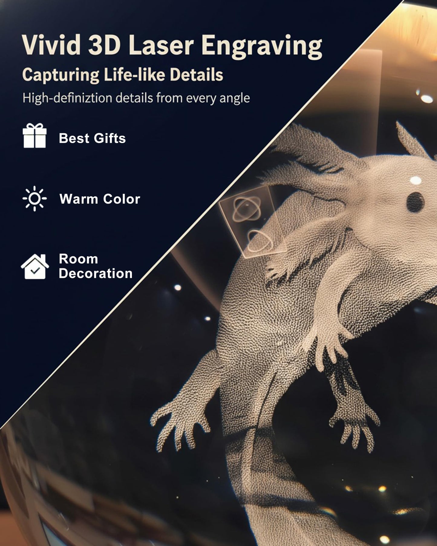 DTZDTA 3D Axolotl Night Light 3.15" Solid K9 Crystal Ball Lamp