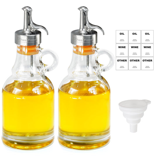 Olive Oil Dispenser Bottle,Glass Oil Dispenser with Stainless Steel Spouts,Oil Bottles for Kitchen, Oil Dispenser Bottle with Drip Free Spouts (2pcs) 12 oz