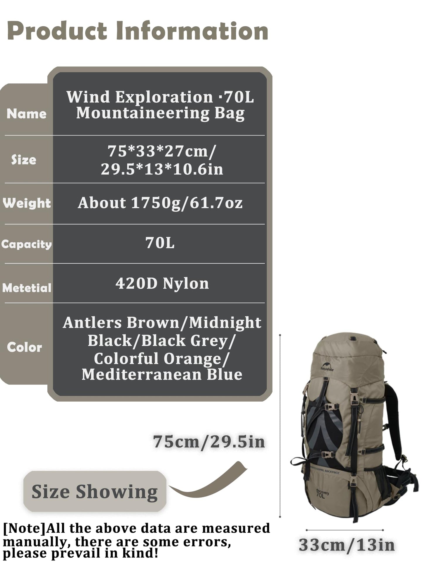 Naturehike 70+5L Hiking Backpack with Rain cover, Waterproof Lightweight Camping Backpack for Men & Women, Travel(Brown)