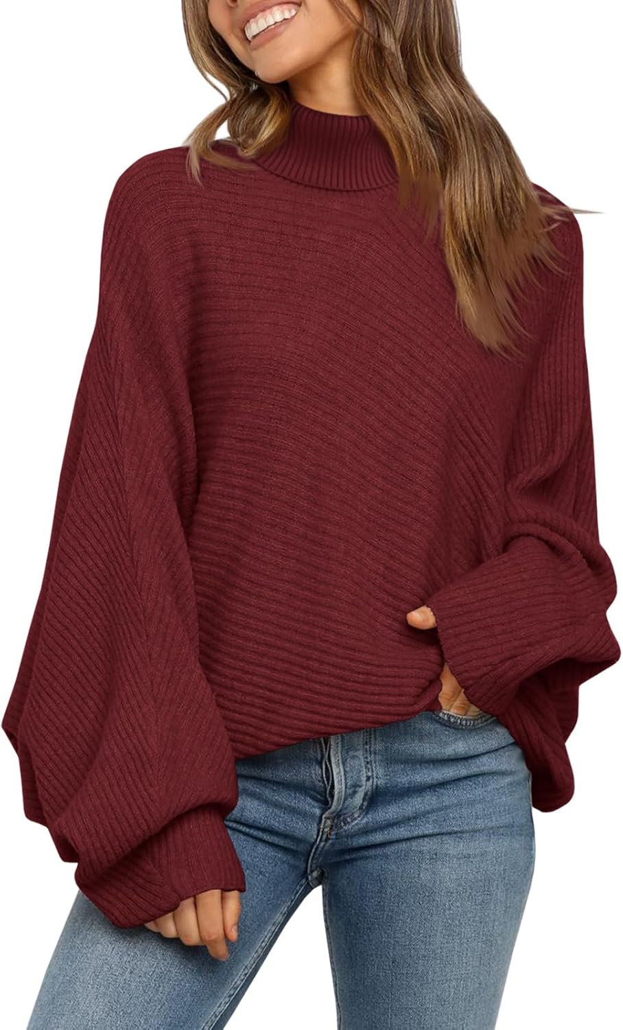 Mafulus Women's Oversized Crewneck Sweater Batwing Puff Long Sleeve Cable Slouchy Pullover Jumper Tops