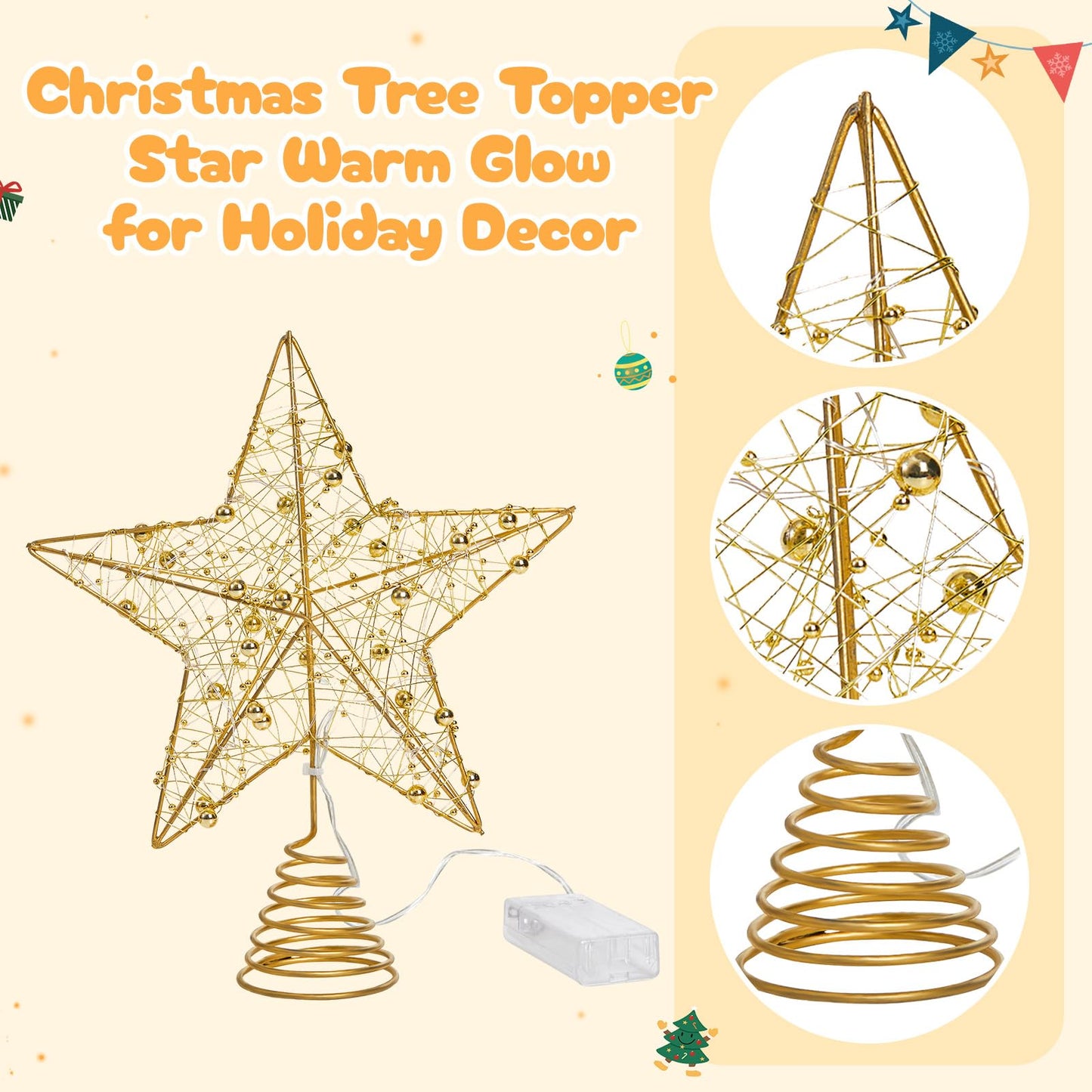 Athoinsu Light up Christmas Tree Topper Star 10 Inch Gold Glitter Christmas Ornaments Decoration with Warm LED Lights, Xmas Tree Topper Ornament for Holiday Christmas Party Home Decor
