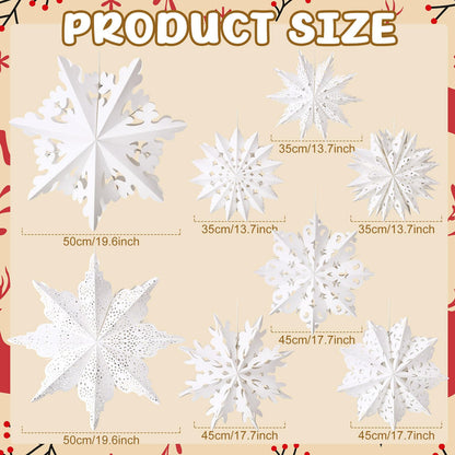 Epakh 8 Pcs Christmas Paper Star Lantern 3D Large Christmas Paper Snowflake Lanterns White Hanging Lamp Ornaments for Xmas Tree New Year Holiday Party Decorations