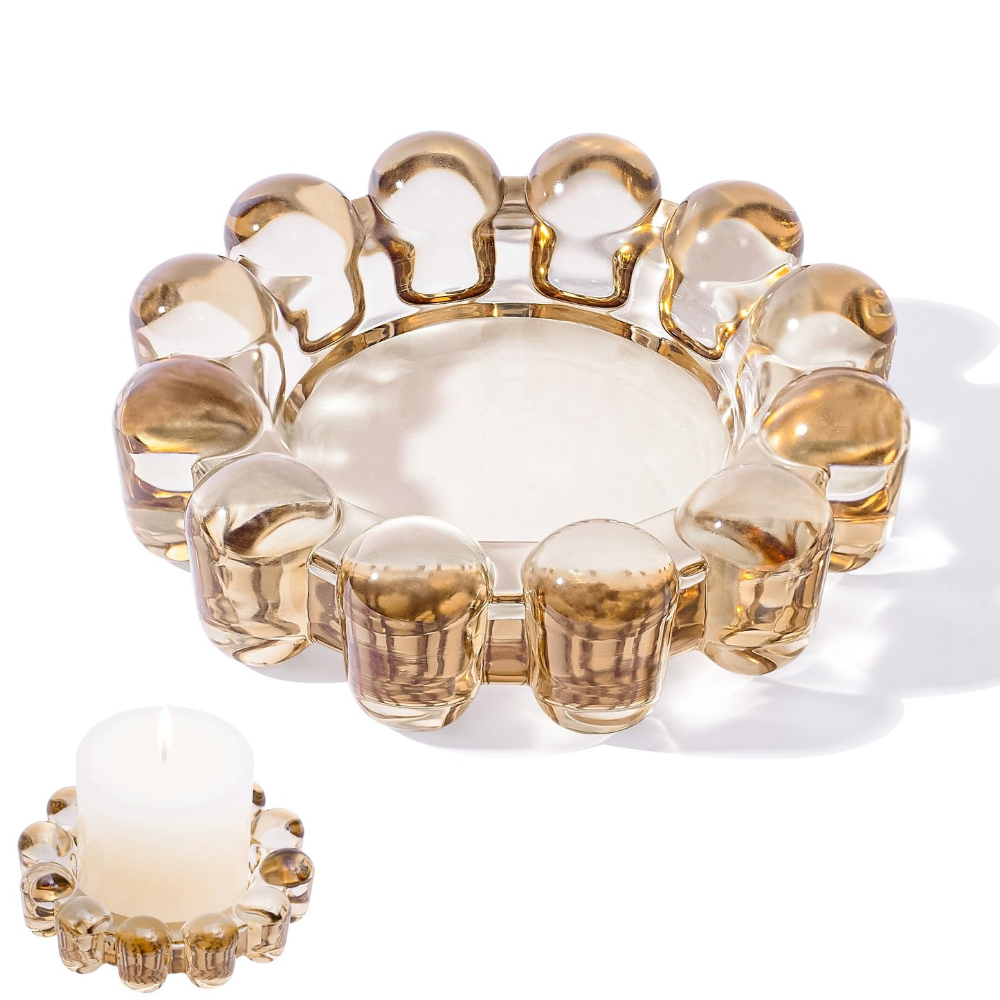 Rancco Bubble Candle Dish Glass Candle Holder Tray, Round Pillar Candlestick Plate Stand for Table Centerpieces, Modern Decorative, Home Decor, Party, Wedding, Suitable for Large Cylindrical Candles