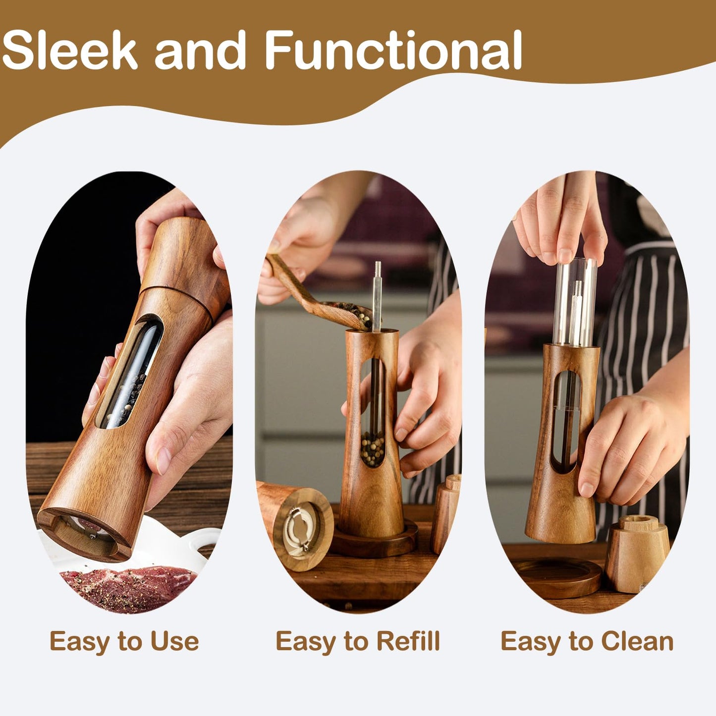 2 Pack Wooden Salt and Pepper Grinder Set — 8 Inch Refillable Salt and Pepper Shakers — Manual Spice Mills with Clear View Window — Ceramic Grinder, Adjustable Coarseness