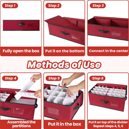 BlessedSeason Christmas Ornament Storage Box with Adjustable Dividers, Cube Storage Containers Organizer *2, Stackable Storage Bins Fit Balls (36 PCS 4’’ & 64 PCS 3”) Dual Zipper, Handles, Visual Slot