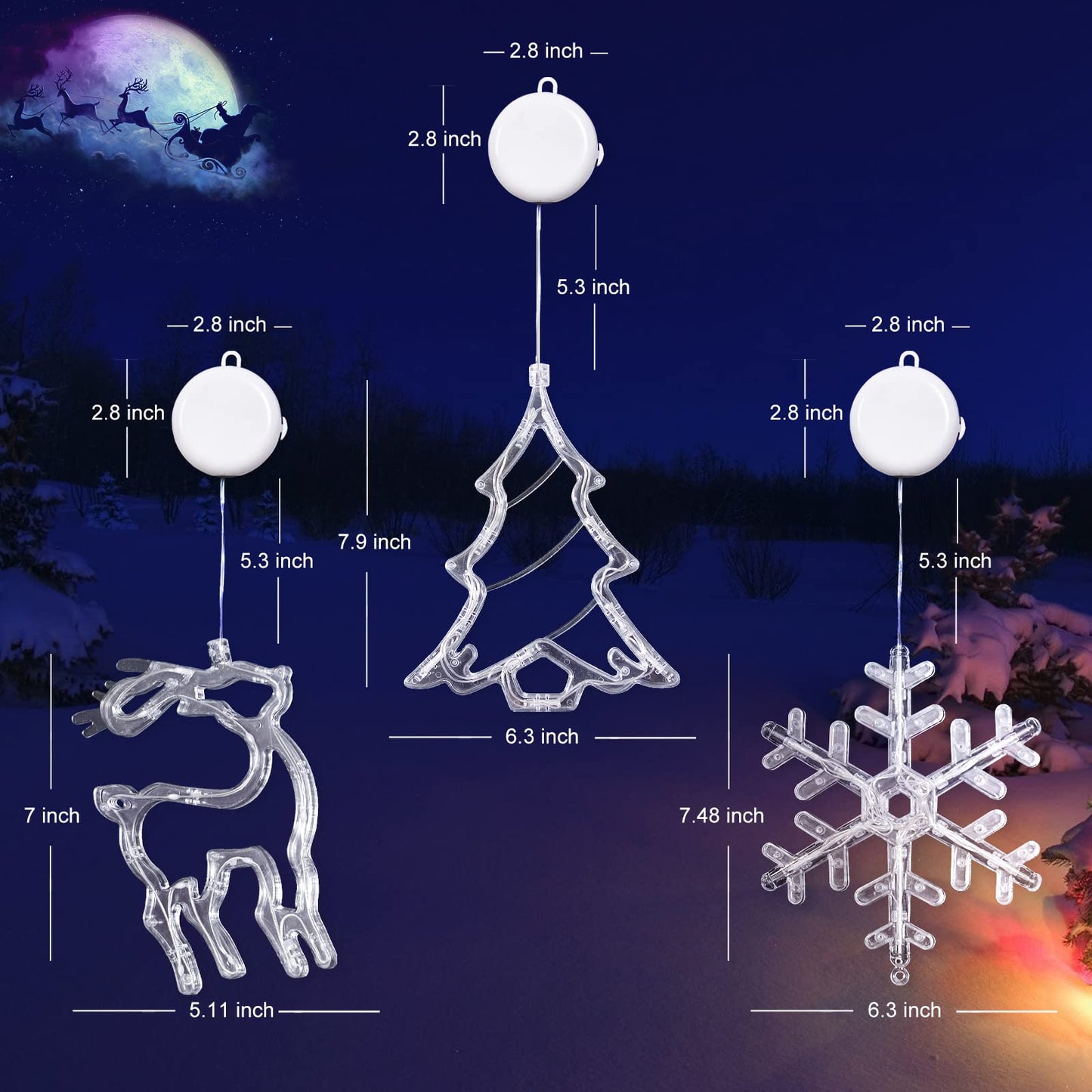 LOLStar Christmas Decorations, 3 Pack Reindeer, Christmas Tree, and Snowflake Window Lights with Suction Cup, Timer Function & Slow Fade Mode Battery Operated Indoor Lights for Christmas Eve New Year