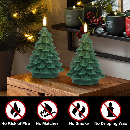 Eldnacele Christmas Tree Flameless Candle with 6 Hour Timer, Battery Operated Real Wax 3D Wick Flickering Pillar Green LED Candles Xmas Eve Holiday Decor (2Pcs,2.76"×5.9")