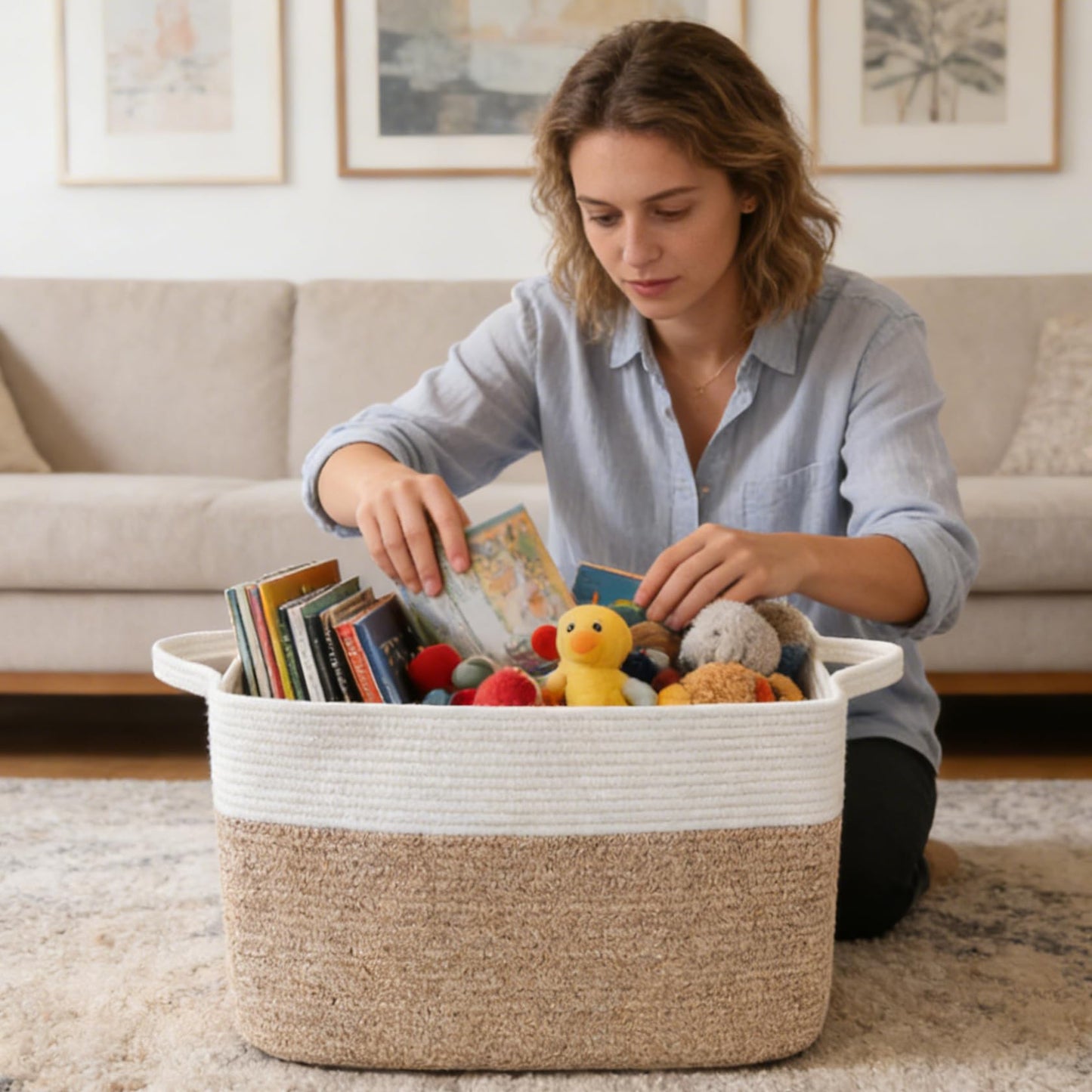 HZFTJOY Large Blanket Basket,Woven Rope Basket Storage Bin with Handles,65L Rectangle Laundry Basket for Magazines,Toys,Clothes,Newspaper Shelf Organization,Nursery and Living Room,White & Brown