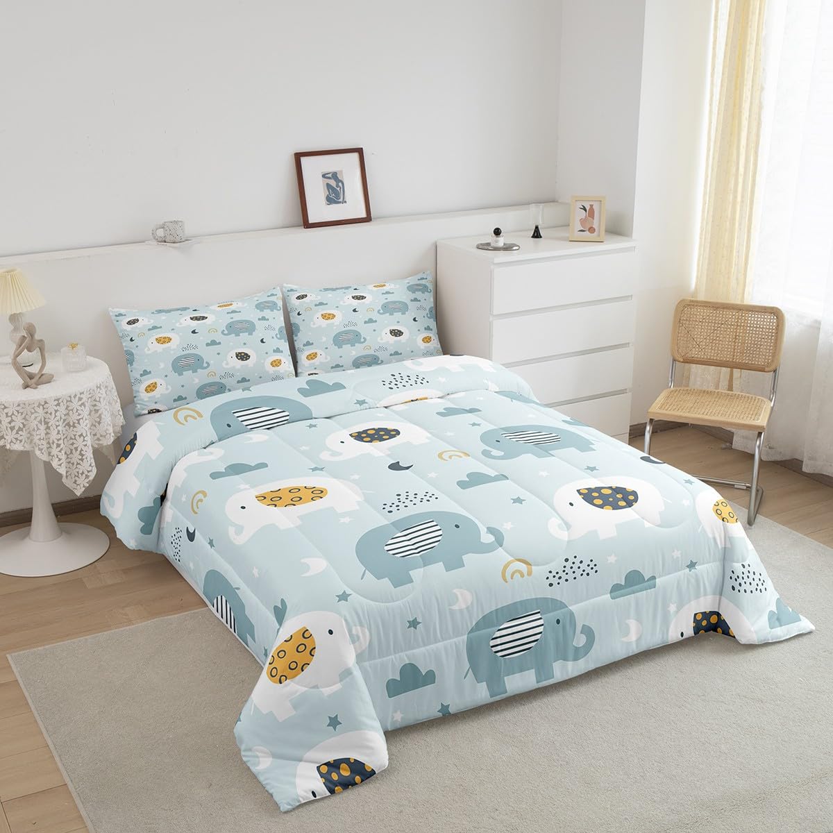 Feelyou Cartoon Elephant Bedding Set for Boys Girls Twin, Kids Zoo Animal Comforter Set Rainbow Elephant Comforter Wildlife Duvet Set 2Pcs