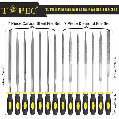 Topec 15PCS Small File Set, Needle Diamond Files, Jewlers Files & Steel Files with Metal Brush and Storage Bag, for Precision Metal File Work, Wood, Jewelry, DIY Carving Tool