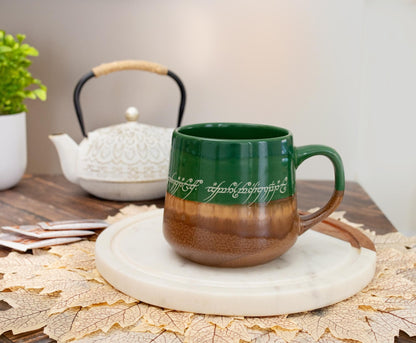Silver Buffalo Lord of The Rings Elven Text High Gloss Reactive Glaze Tapered Pottery Mug,18 Ounces
