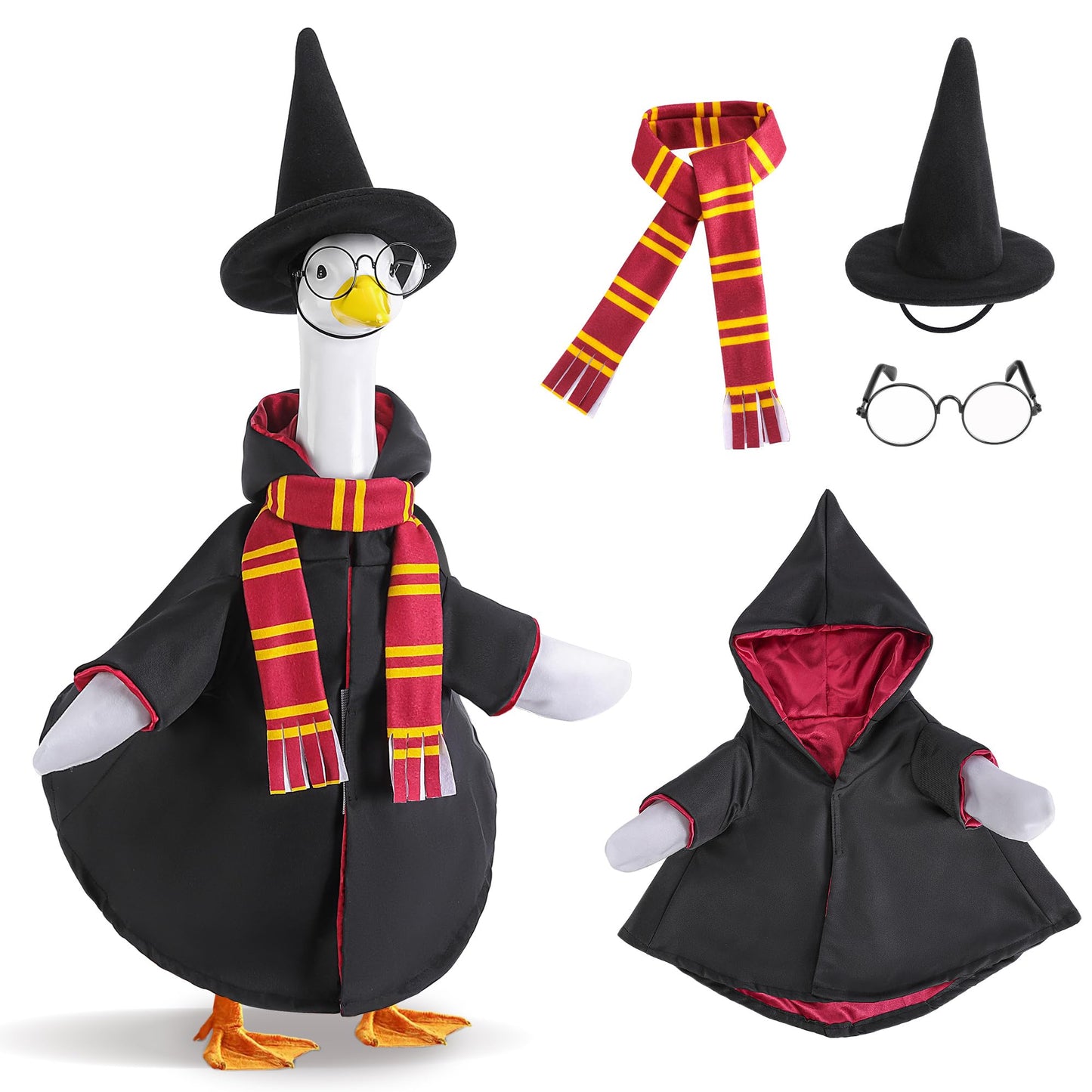 Watayo 4 Pcs/Set Christmas Wizard Goose Outfits, Lawn Porch Goose Statue Wizard Costume, Garden Goose Witch Clothes with Hat Scarf Glasses for 23" Statue Christmas Fall Outdoor Patio Yard Decor