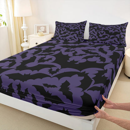 Castle Fairy Halloween Themed Full Fitted Sheet 4pcs,Black Bats Animal Print Bed Sheet Set for Girls Teens Bedroom,Dark Purple Color Polyester Bedding Set with 1 Flat + 2 Pillowcases