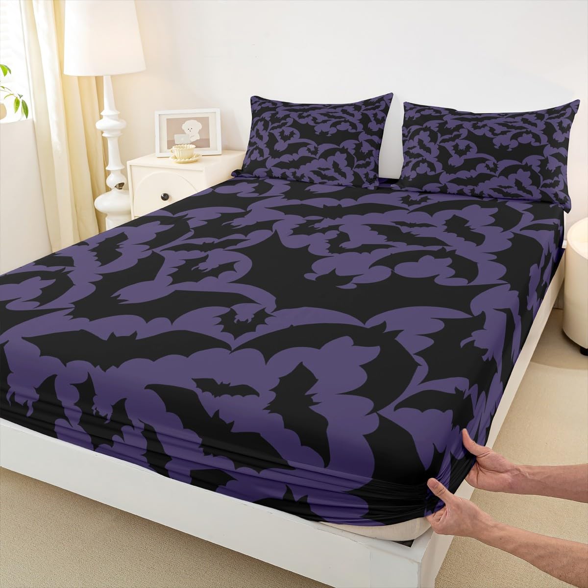 Castle Fairy Halloween Themed Bed Sheet Set Twin Size,Black Bats Animal Print Fitted Sheet + 1 Flat + 1 Pillow Sham,Dark Purple Color Bed Mattress Cover for Kids Boys Xmas Gift,Ultra Soft