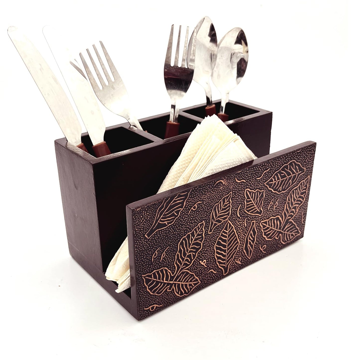 ZYNTIX Wooden Napkin Stand with Cutlery Holder | Cutlery Stand | Napkin Stand with Spoons for Kitchen | Tissue Paper with Offices Stationary Holder | Spoon Stand for Dining table (Brown)