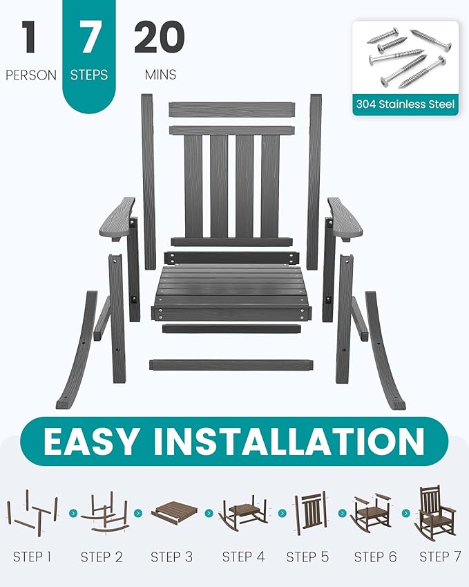 SERWALL HDPE Outdoor Rocking Chair Set of 6, Patio Rocking Chairs for Adults, All Weather Outdoor Rockers for Lawn, Grey