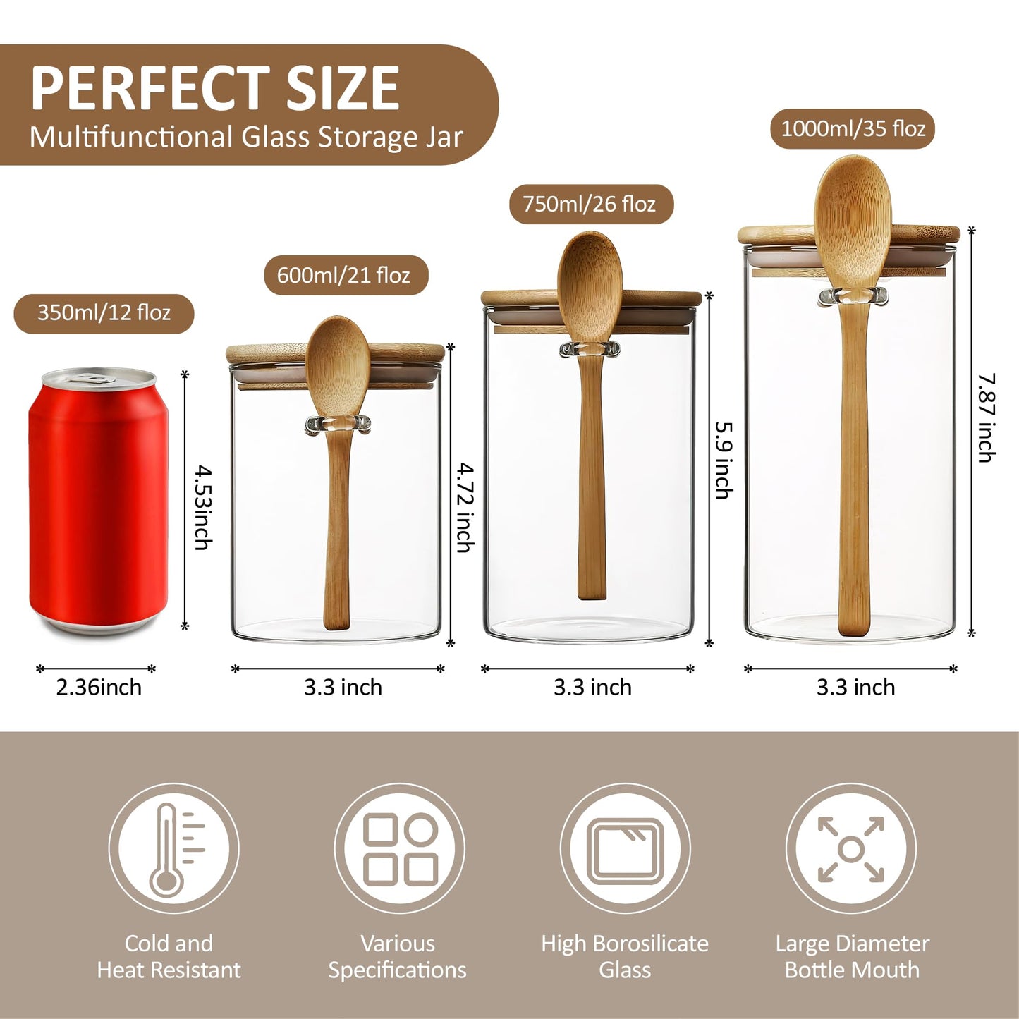 MOLADRI 25 oz/750 ml Glass Storage Canister with with Airtight Lid, Cute Clear Decorative Container Jar with Wooden Spoon for Coffee Spice Candy Salt Cookie Condiment Sugar Matcha Tea Overnight Oats