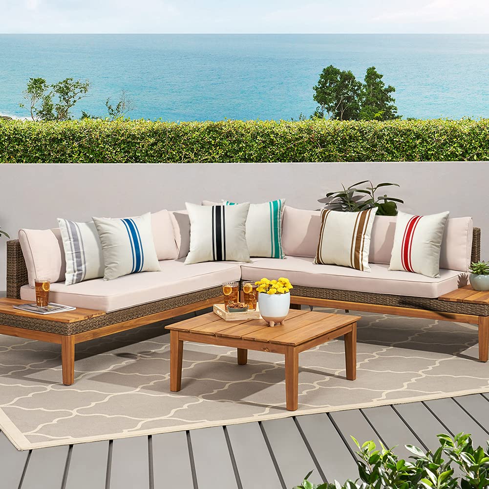 OTOSTAR Pack of 2 Outdoor Waterproof Decorative Pillow Covers 20x20 Inch Linen Geometry Pillowcases Cushion Case Garden Throw Pillow Covers Pillows Shell for Patio Furniture Couch Tent Balcony (Black)