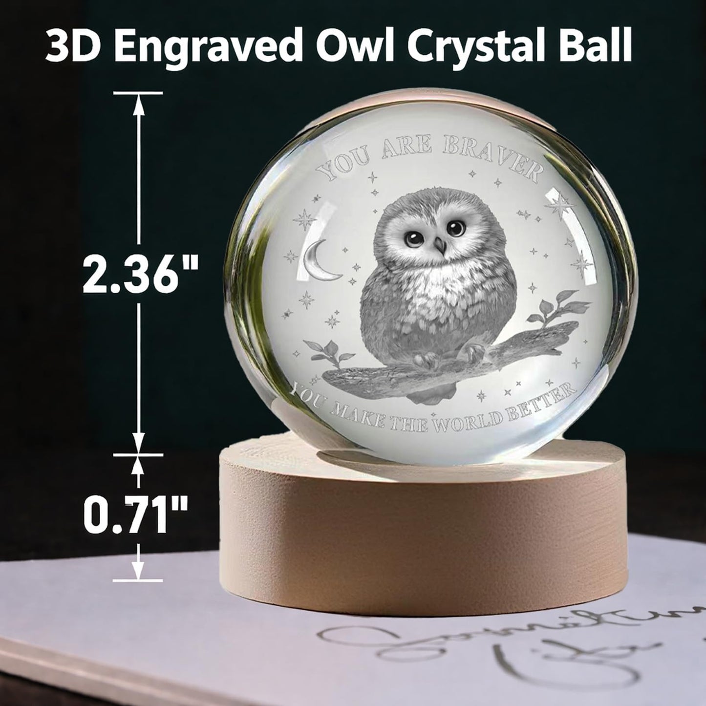 YouerCrystal 3D Owl Lamp,2.36In (60mm), Wood LED Base,Owl Gifts