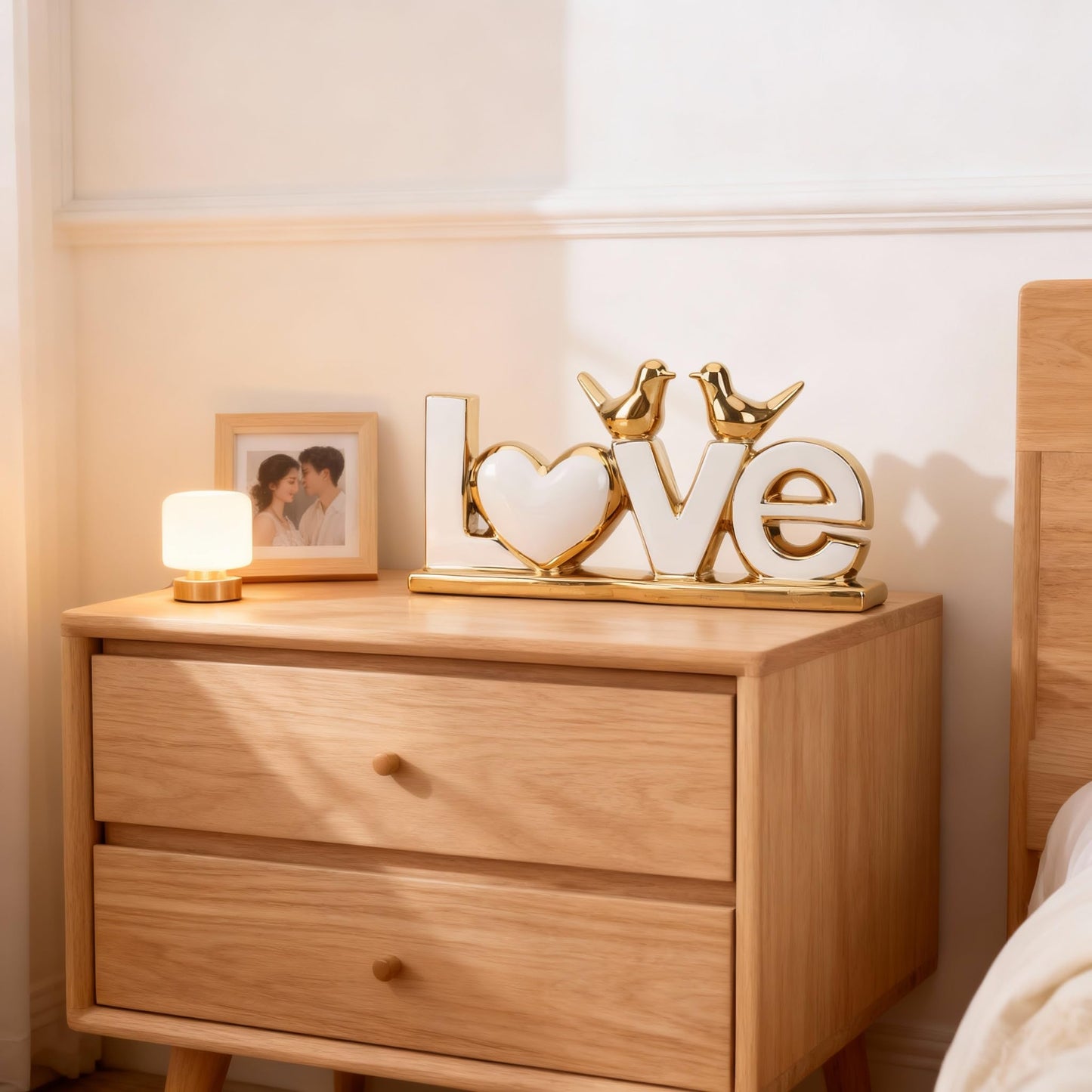 DOVDOV White and Gold Ceramic Love Sign Sculpture with Heart and Bird Statues, Modern Home Decor Accents for Living Room Coffee Table, TV Stand, Entryway and Shelf, Wedding or Housewarming Gift