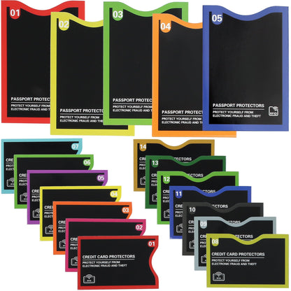 LotFancy RFID Blocking Sleeves, Set with Color Coding (19 Pack, 14 Credit Card Protectors and 5 Passport Holder Sleeves), Identity Theft Protection
