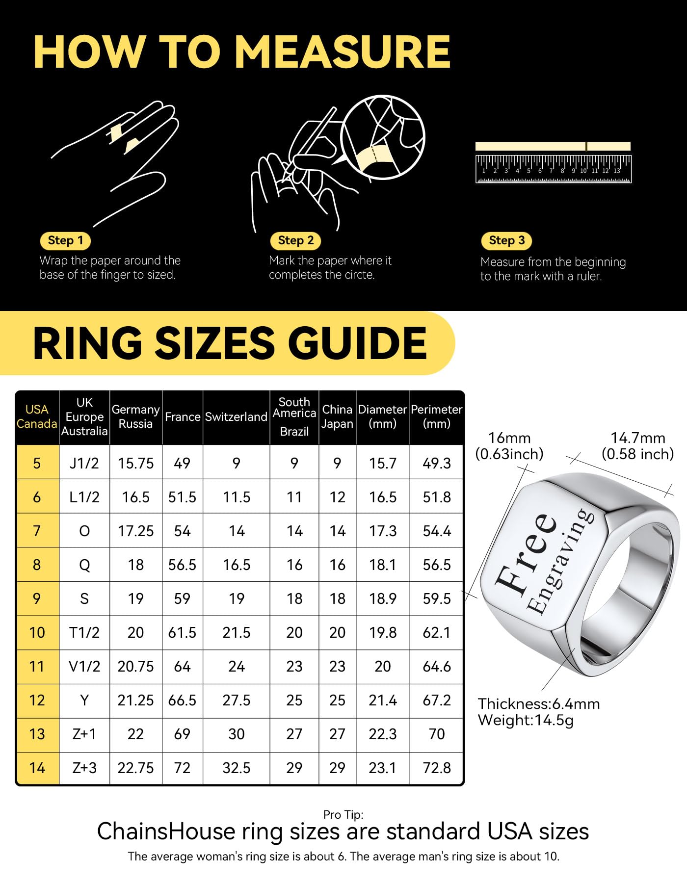 ChainsHouse Personalized Signet Rings Stainless Steel Biker Ring for Men Women, Solid Polished Statement Hip Hop Custom Thumb Ring, Size 13
