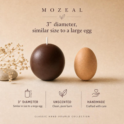 MOZEAL Hand-Poured, 3 Inch Brown Round Ball Candles - Elegant Brown Round Pillar Candles Set of 3, Dripless, Unscented, Smokeless, Ideal for Autumn Gatherings.