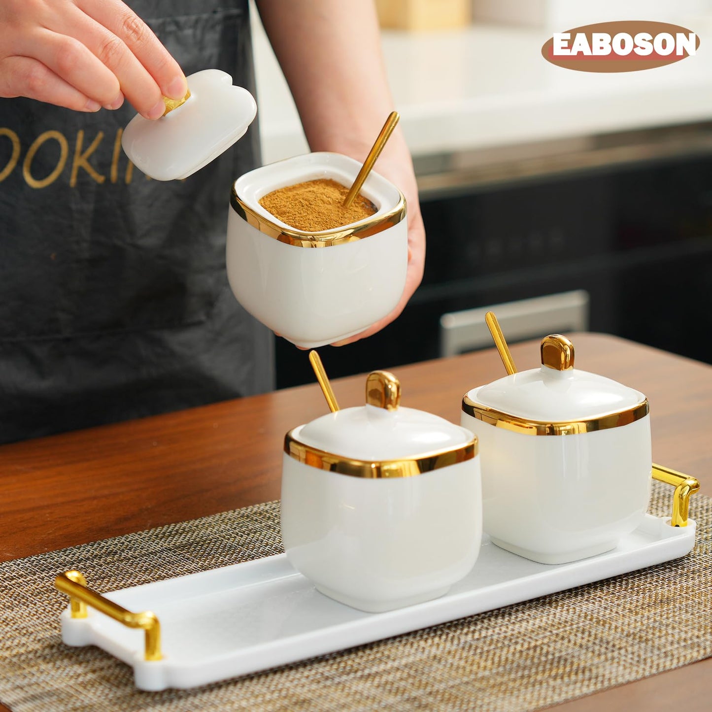 EABOSON 3 Pack Gold Condiment Spice Jars with Lids, Spoons, Tray - Ceramic Seasoning Box Set for Salt, Pepper, Sugar - Kitchen Storage