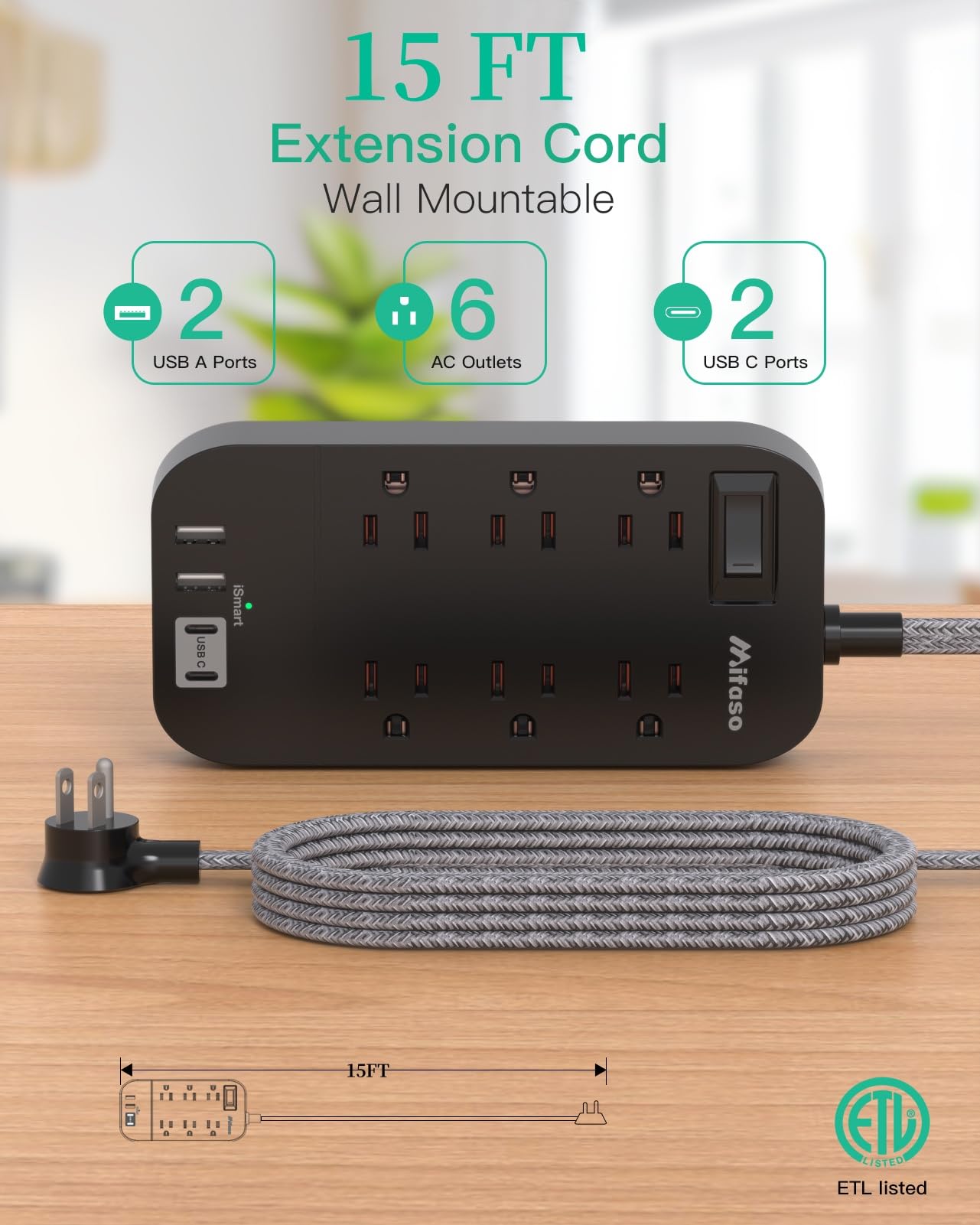 Power Strip - 10 FT Long Flat Plug Extension Cord, 6 Outlets 2 USB A 2 USB C Ports Outlet Extender with Overload Protection, Wall Mount, Desktop Charging Station for Home, Office and Dorm Essential