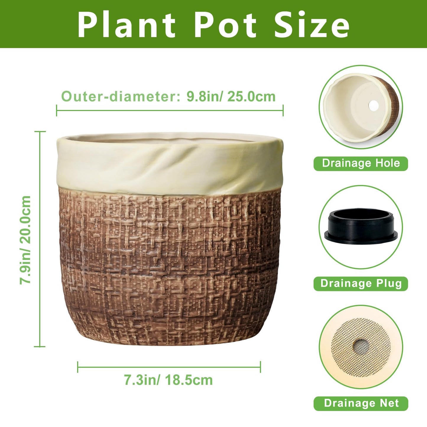 Teagas Ceramic Planter - 9.8 Inch Plant Pot for Indoor Outdoor Plants, Boho Ceramic Plant Pots with Drainage Hole and Plug, Round Indoor Planter, Garden Decor, Gardening Gifts for Women, Brown
