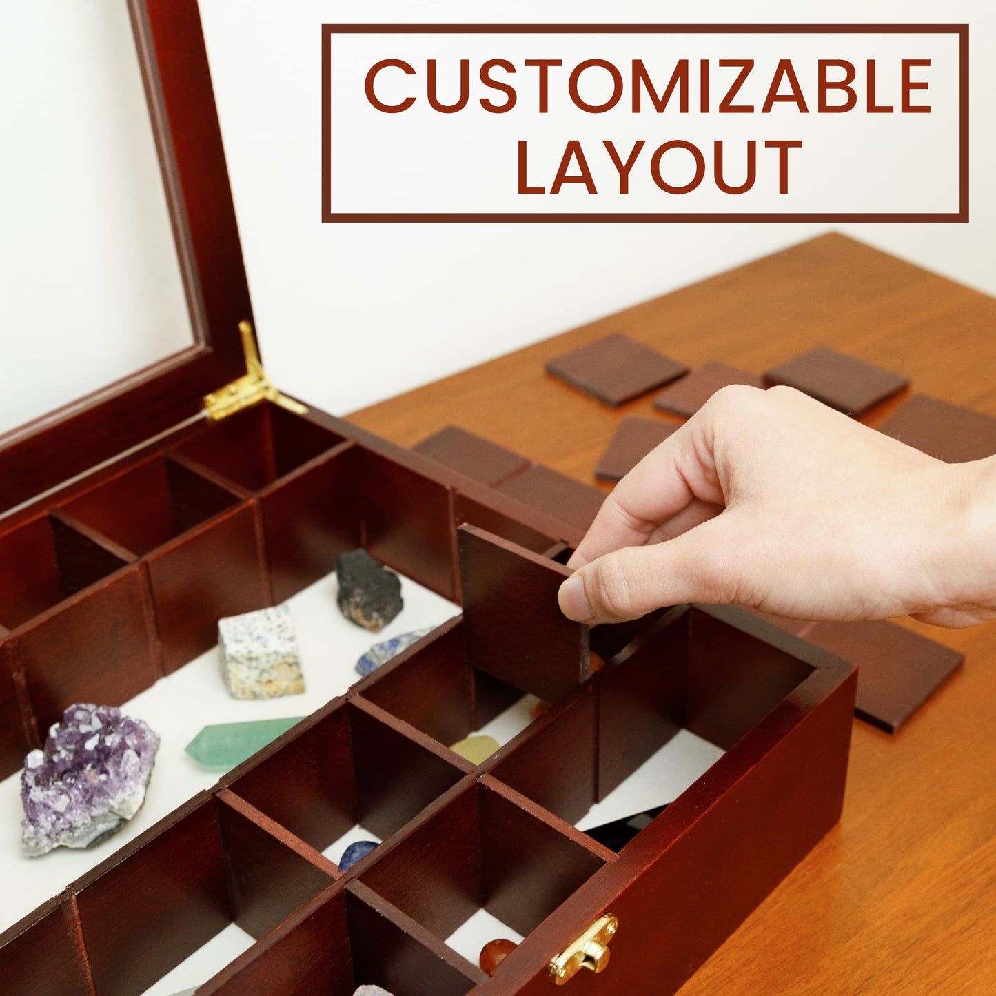 SmartyRocks Adjustable Rock Display Case - Rock Collection Box with Fabric Bed for Mineral Display - Dark-Finish Shadow Box with Shelves for Crystal Storage