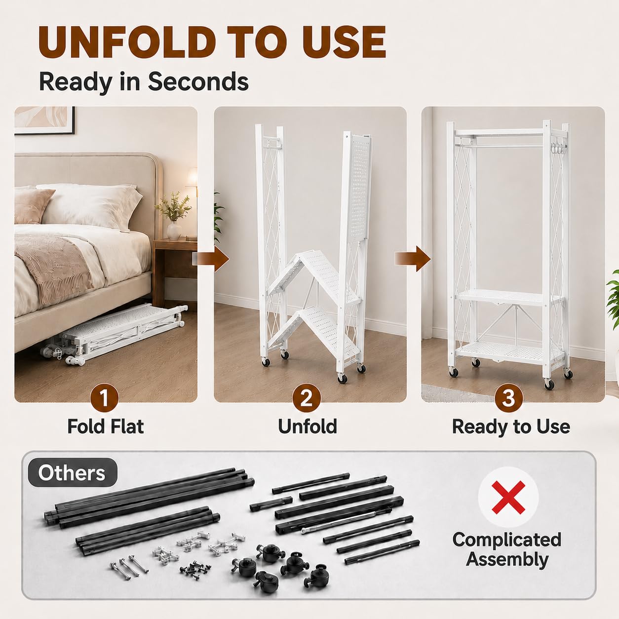Sharkwave Living Foldable Clothing Rack with Wheels, Portable Folding Clothes Rack Organizer with Shelves and Side Hooks, Collapsible Wardrobe Closet for Bedroom or Laundry Room，White