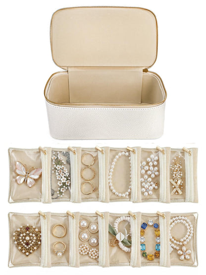 Hacaroa Travel Jewelry Case with 12 Velvet Pouches, Jewelry Storage Organizer Box PU Leather, Clear Window Small Bags Wedding Gifts for Earrings, Necklaces, Bracelets, Rings, Women, Girls, Cream White