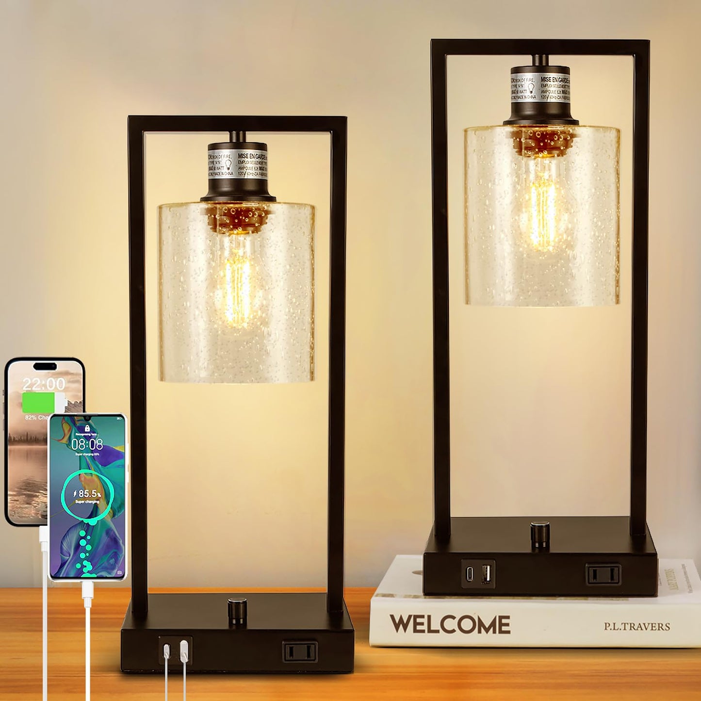 16" Desk Lamps for Home Office, Bedside Lamps with USB C+A Ports and Outlet, Black Fully Stepless Dimmable Industrial Table Lamps with Seeded Glass Shade for Reading Living Room, LED Bulbs Included