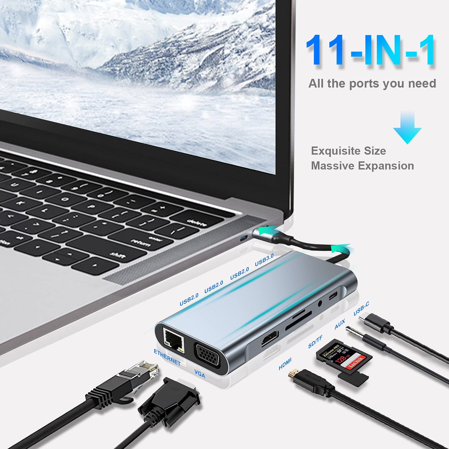 USB C HUB, Docking Station, 11-in-1 USB C Adapter with 4K-HDMI, VGA, USB 3.0 port, Type C PD, RJ45 Ethernet, SD/TF Card Reader, 3.5mm AUX, Compatible with MacBook Pro/Air, More Type C Devices