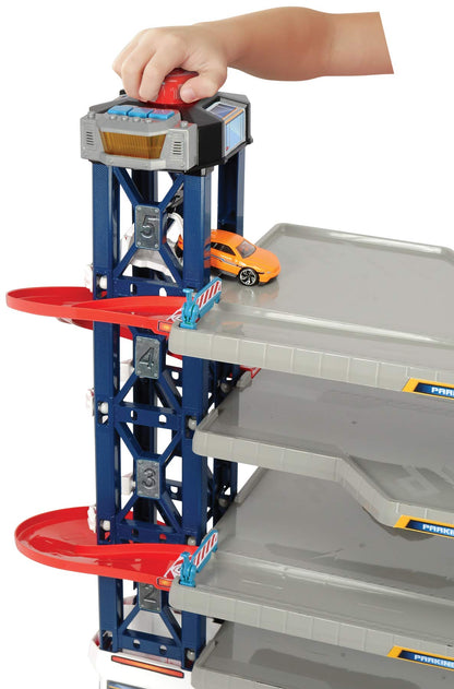 Dickie Toys Parking Garage, Playset, Parking Garage, 4 Floors, Elevator, 4 Die-Cast Vehicles, 1 Helicopter, Light & Sound, Includes Batteries