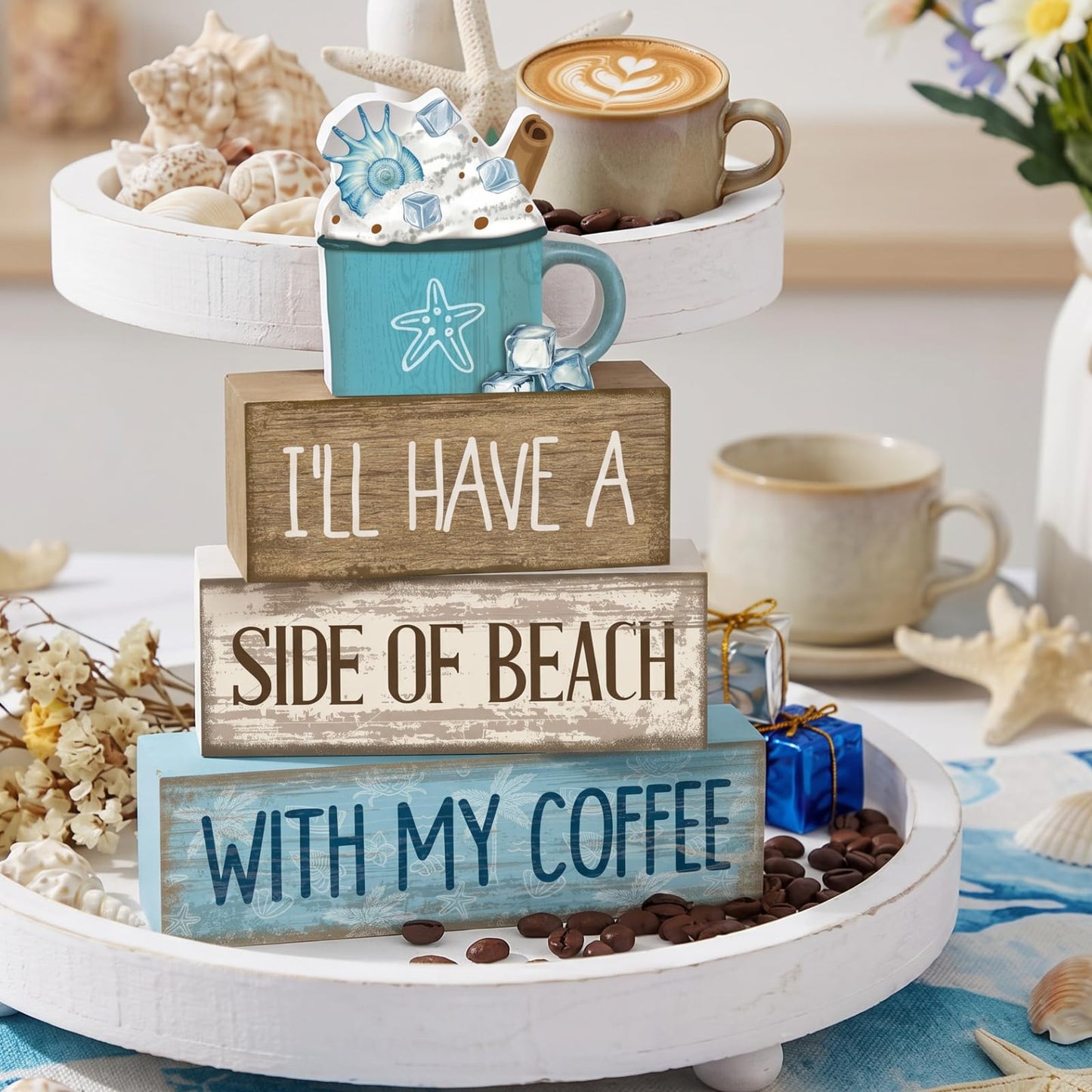 Lineshading 4 Pcs Wooden Farmhouse Tabletop Decor Rustic Home Tiered Tray Decor Decorative Farmhouse Table Decoration Home Block Signs Gift(Summer)