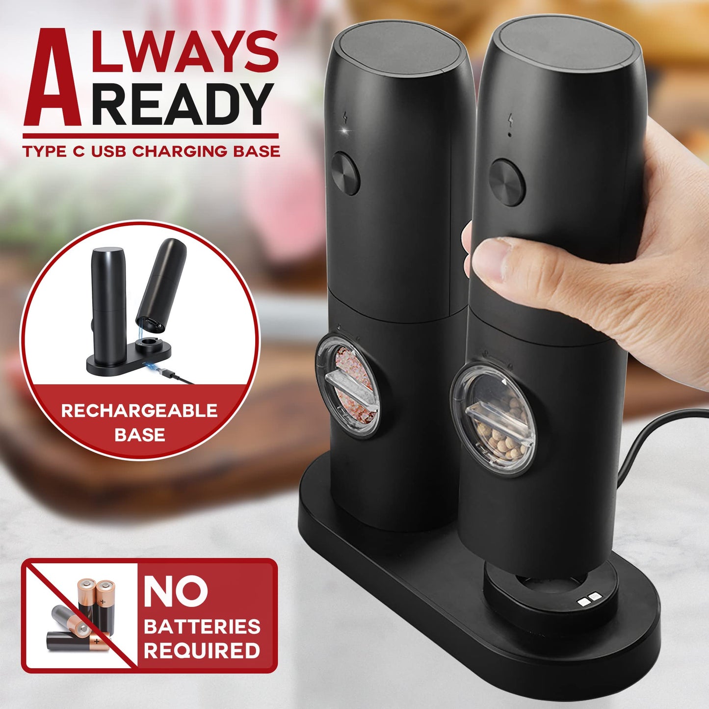 Electric Salt and Pepper Grinder Set of 2, Automatic Pepper Mill,USB Rechargeable, Adjustable Coarseness, One-handed Operation, Ceramic Burr,Refillable, Auto Grinders with Charging Base LED Light