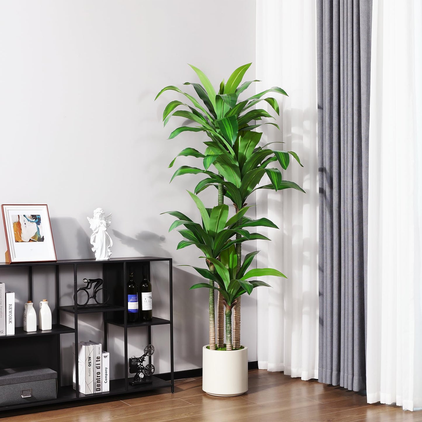 OAKRED Artificial Dracaena Tree 6ft, Tall Fake Dracaena Plants with White Planter, Faux Dragon Tree Indoor Floor Plant for Home Decor Office Living Room Porch Housewarming, 1Pcs