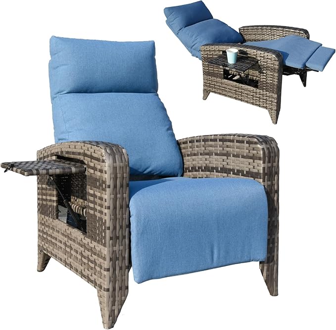 Upgraded Outdoor Recliner Chair, Reclining Patio Chairs with Adjustable Back up to 150°Lay Flat and Extended Footrest, Wicker Recliner Chairs with Flip Table and Removable Olefin Cushion