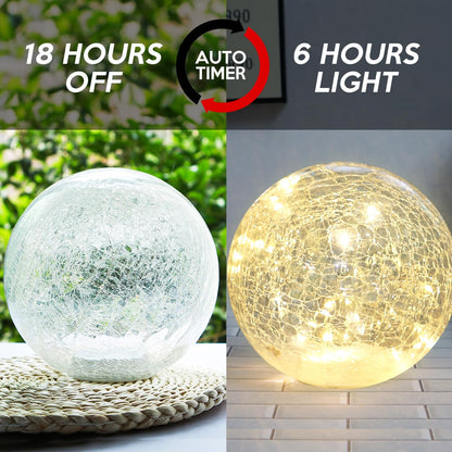Crackle Globe LED Lamp Battery Operated with Timer, Lighted Glass Orb for Living Room & Festival Christmas Decoration, Indoor Glowing Night Light Sphere Table Lamp for Mother's Gift, Glass Ball Light