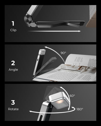 86lux Book Light, Rechargeable Clip-On LED Reading Light for Bed & Night Use - 3 Color Temperatures with Stepless Dimming, Ultralight Bookmark Design for Kids, Book Lovers, Grey