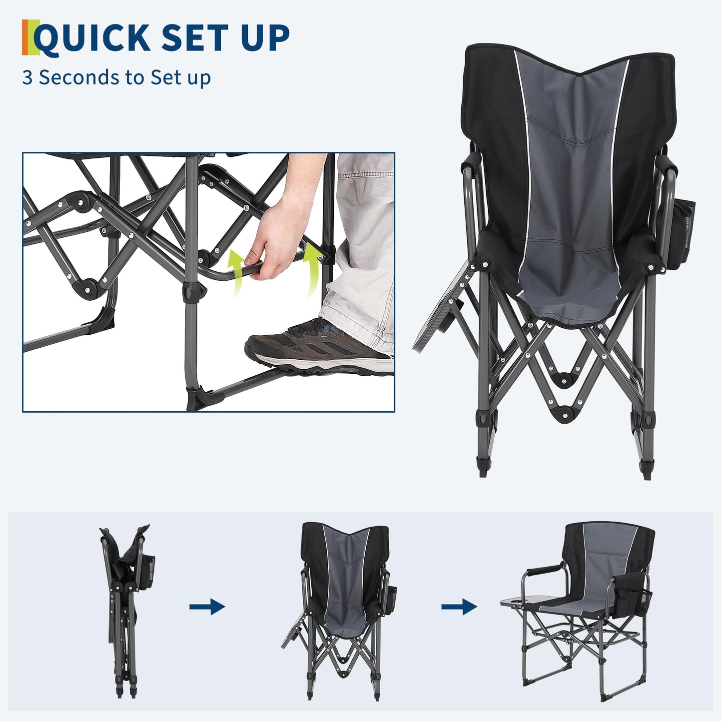 GarveeLife 2 Pack Oversized Directors Camping Chair, Portable Folding Chair for Adults Support 400 lbs, Heavy Duty Lawn Chair with Side Table, for Camping, Sports, Picnic, Beach, Fishing, Black