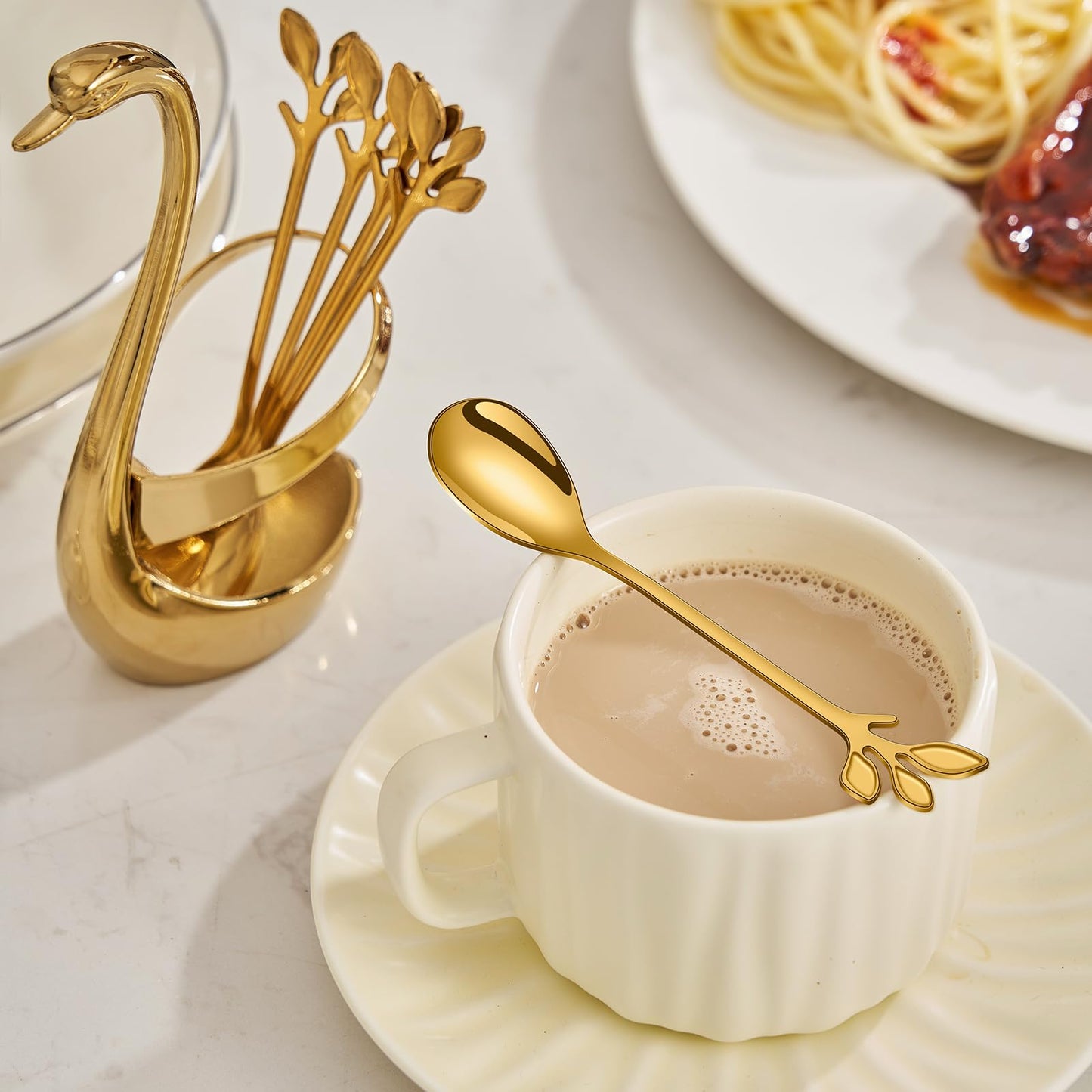 AnSaw Gold Swan Base With 10-Pcs Mini Leaf Coffee Spoon Holder Set - 4.7"