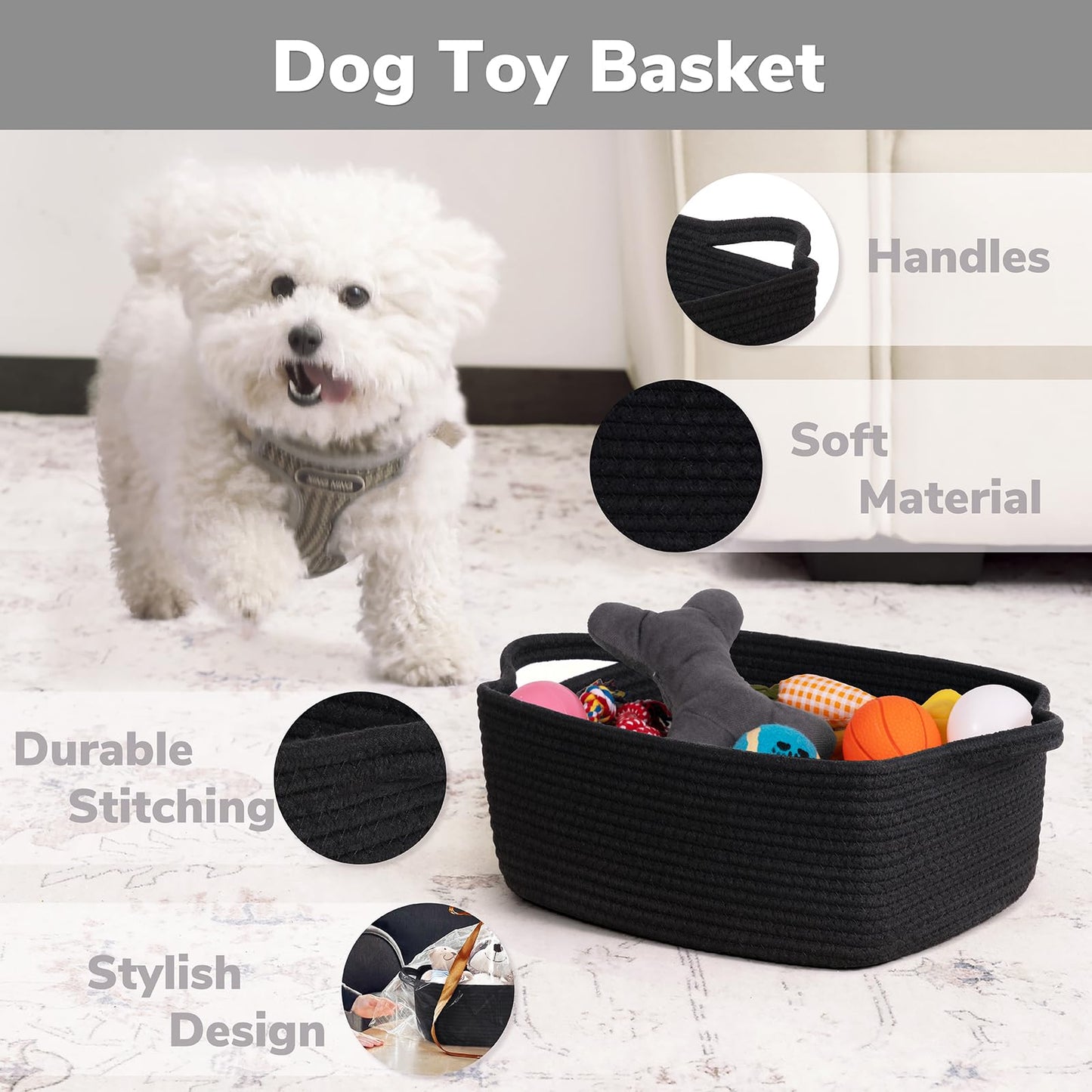 CHICVITA Storage Basket for Gifts, Cute Cotton Rope Baskets for Nursery, Small Gift Basket with Handles, Decorative Woven Baskets for Bathroom, 13 x 9.8 x 5 inches, Black