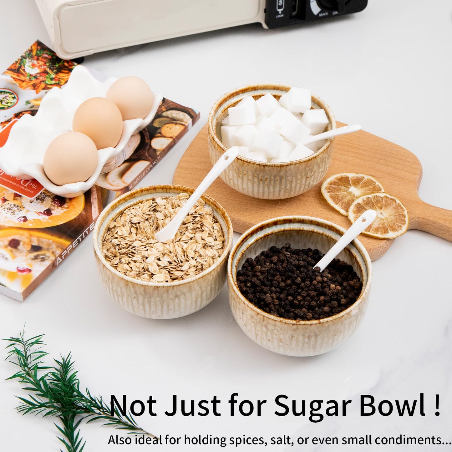 JoyfulHive Ceramic Sugar Bowl with Lid and Spoon, 14.5 OZ Sugar Container for Coffee Bar, Sugar Bowls for Countertop,Kitchen(Sandy Beige)