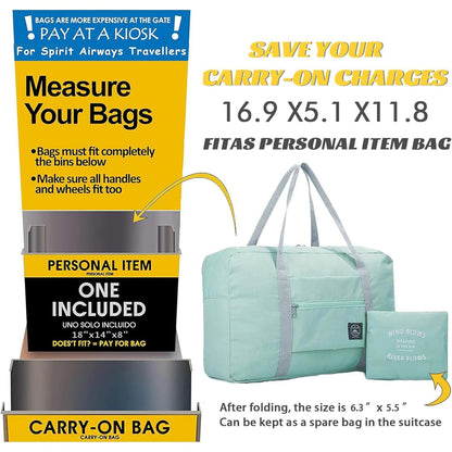 Foldable Travel Duffel Bag 2PCS Tote Carry on Luggage Bag Spirit Airlines Personal Item Sports Gym Bag Water Resistant Weekender Overnight Bags for Women and Men (Green+Pink)