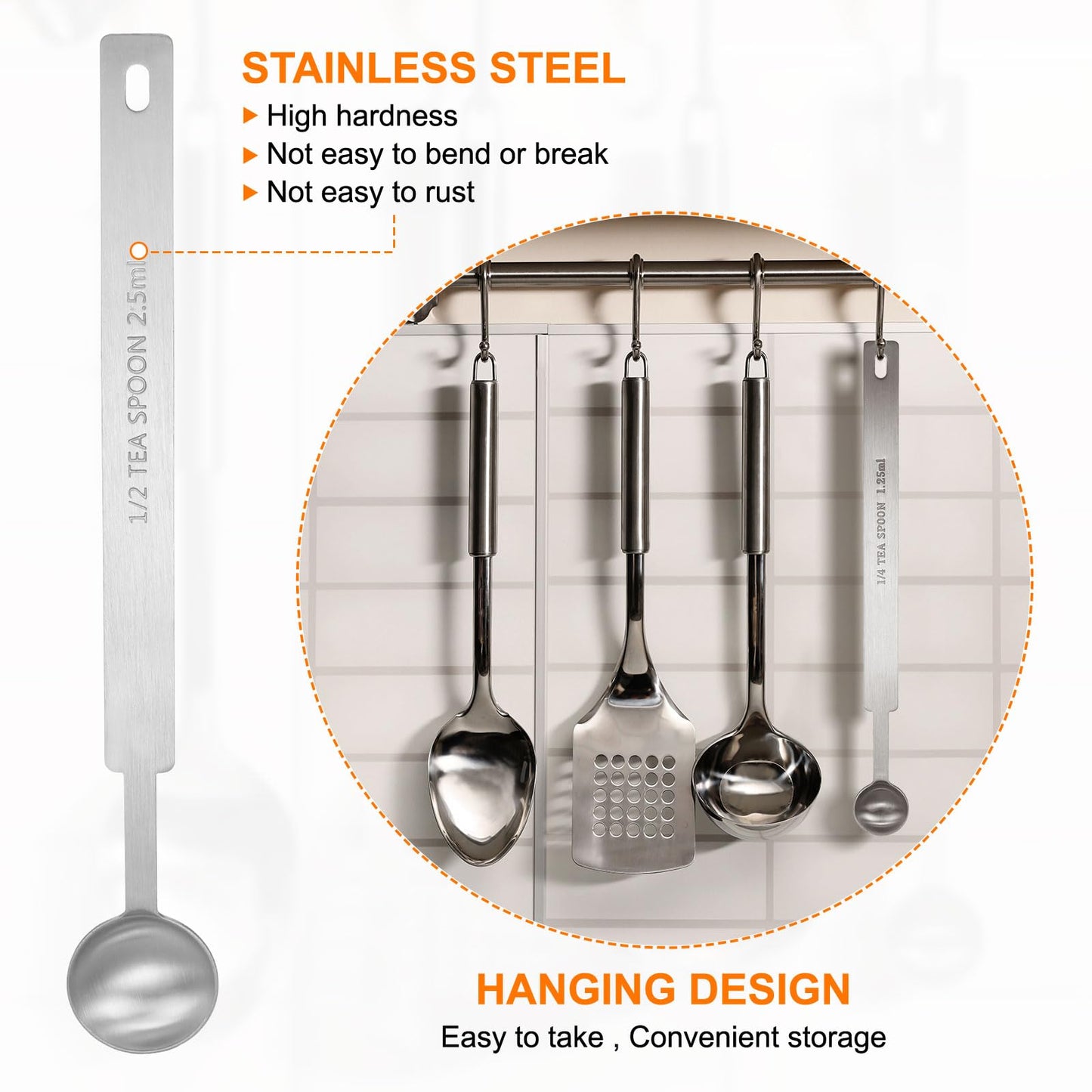 HARFINGTON 5pcs Single Measuring Spoon Set 1/4 1/2 1 1.5 3tsp (1.25/2.5/5/7.5/15ml) Teaspoon/Tablespoon 430 Stainless Steel Single Tiny Square Bowl Measure Spoon Long Handle Measure Scoop