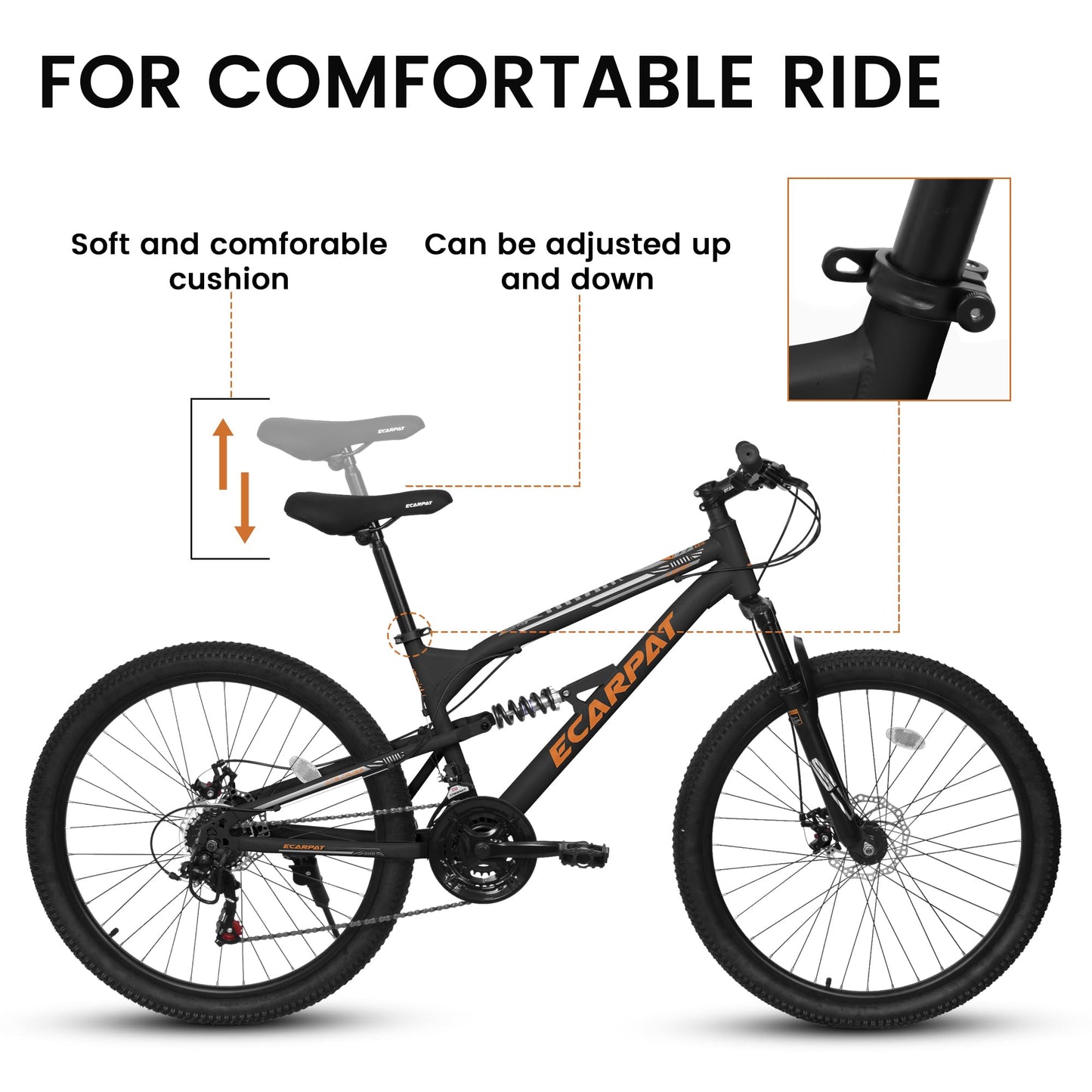 Ecarpat 24 inch Mountain Bike Full Suspension, 21 Speeds Dual Disc Brake Men Boys Bike for 10+ Years, Carbon Steel Frame, Trail Beach Snow Commuter City Bikes, Birthday Gift Choice